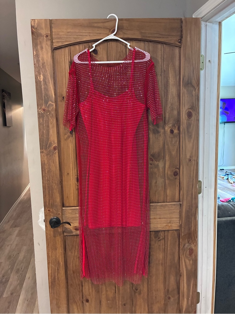 Red Rhinestone Mesh Midi Dress with Slip